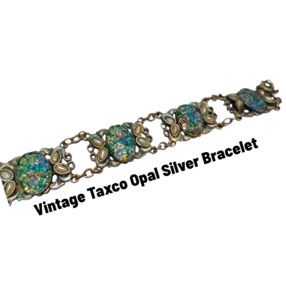 Taxco Silver & Blue Rainbow Opal  Bracelet with Ornate VintageFloral Collectors